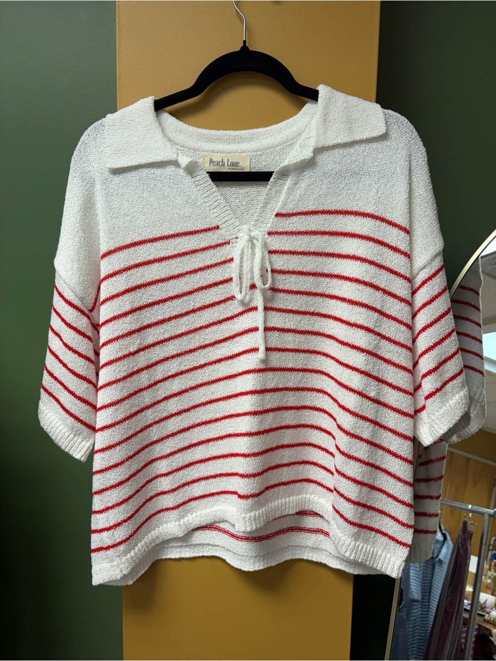 Peach Love California White Knit Top with Red Stripes and Tie Neck